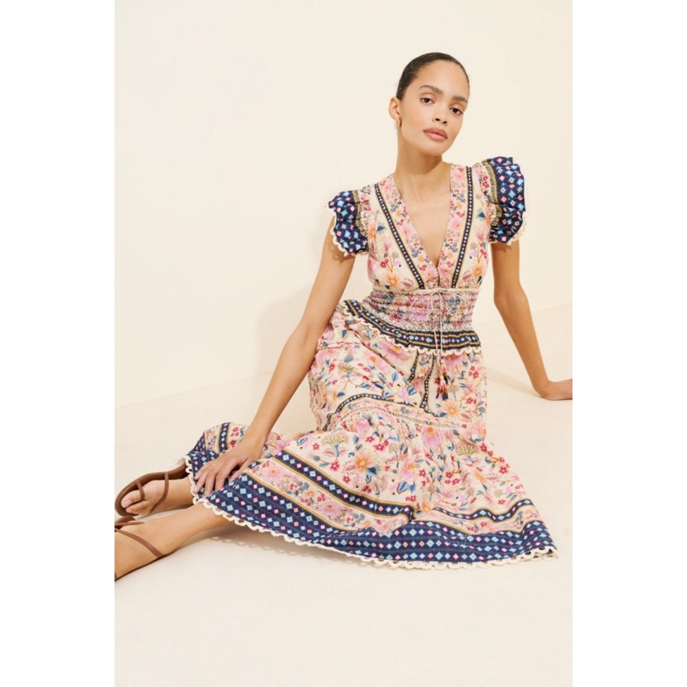 Farm Rio Superbloom Tapestry Cream Dress Floral V Neck Ruffle Sleeve Sz S - Picture 4 of 15